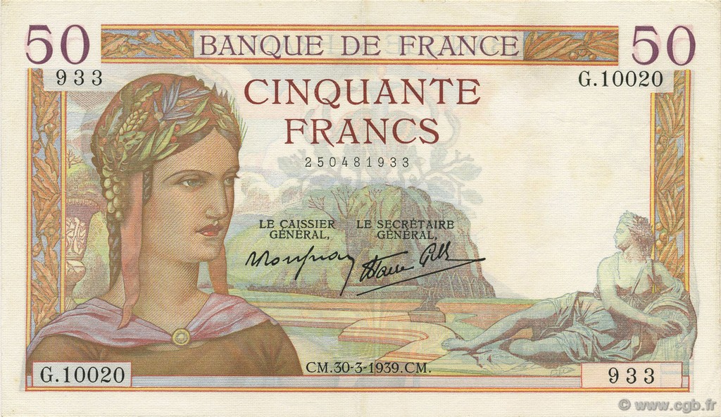 50 Francs CÉRÈS modifié FRANKREICH  1939 F.18.24 VZ+