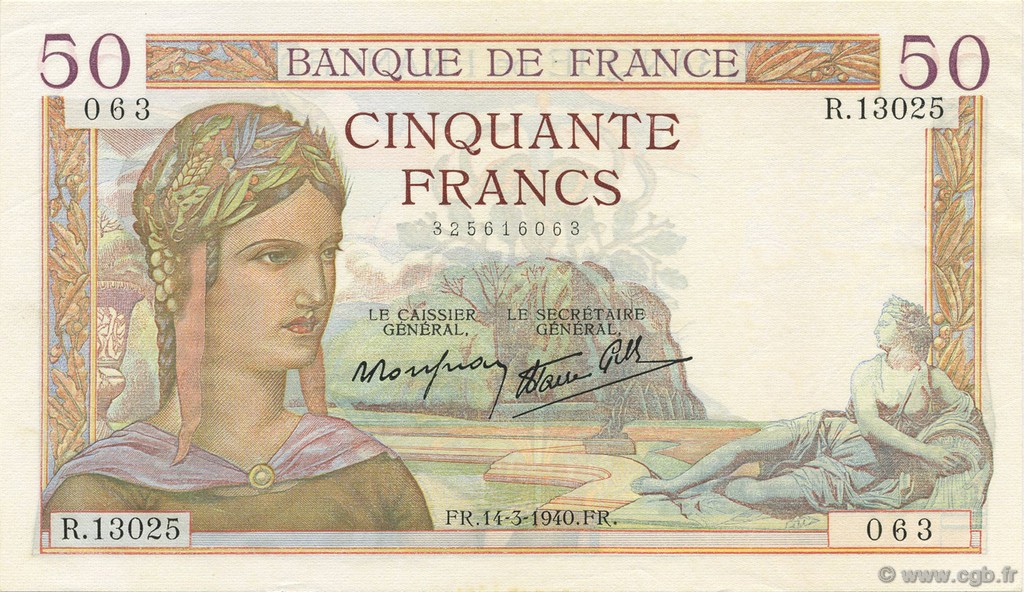 50 Francs CÉRÈS modifié FRANCIA  1940 F.18.41 q.FDC