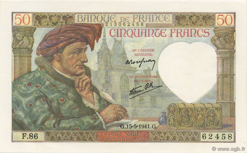 50 Francs JACQUES CŒUR FRANCE  1941 F.19.11 NEUF