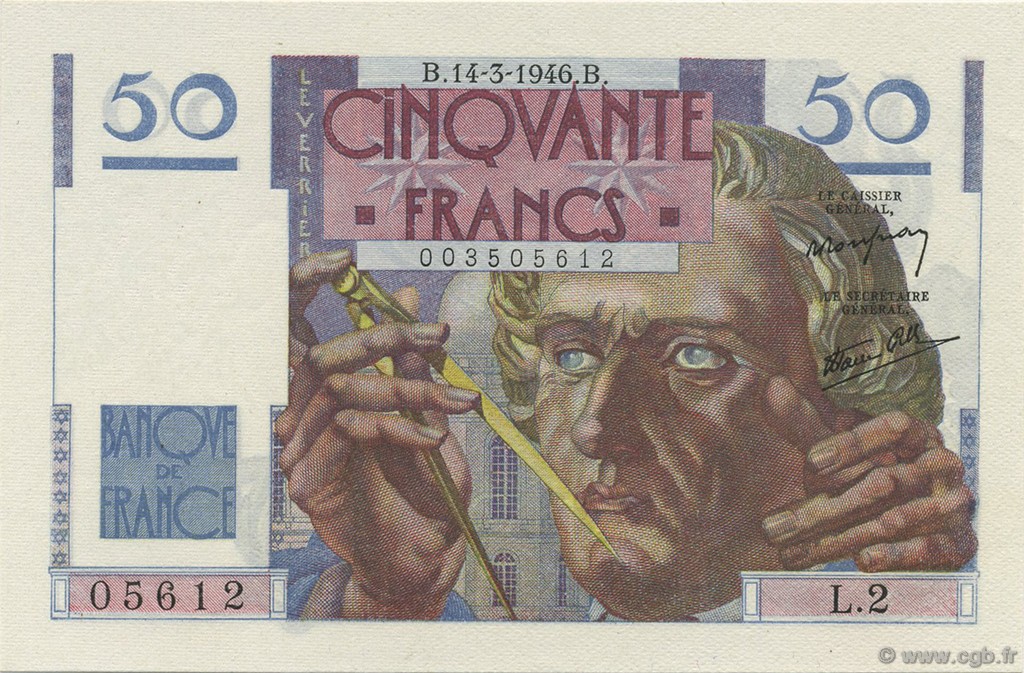 50 Francs LE VERRIER FRANCIA  1946 F.20.01 q.FDC
