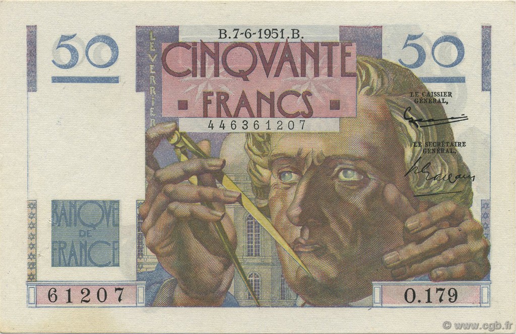 50 Francs LE VERRIER FRANKREICH  1951 F.20.18 VZ+