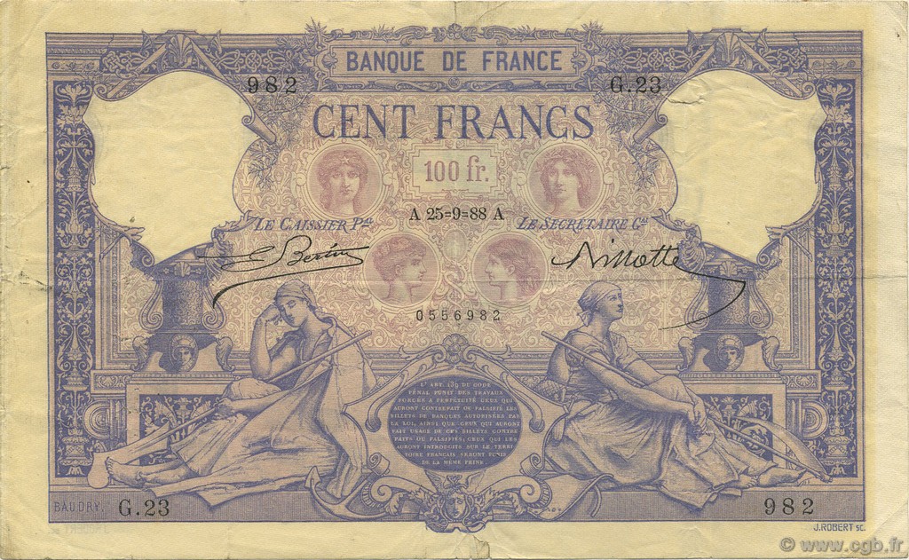 100 Francs BLEU ET ROSE FRANCE  1888 F.21.01 VF-