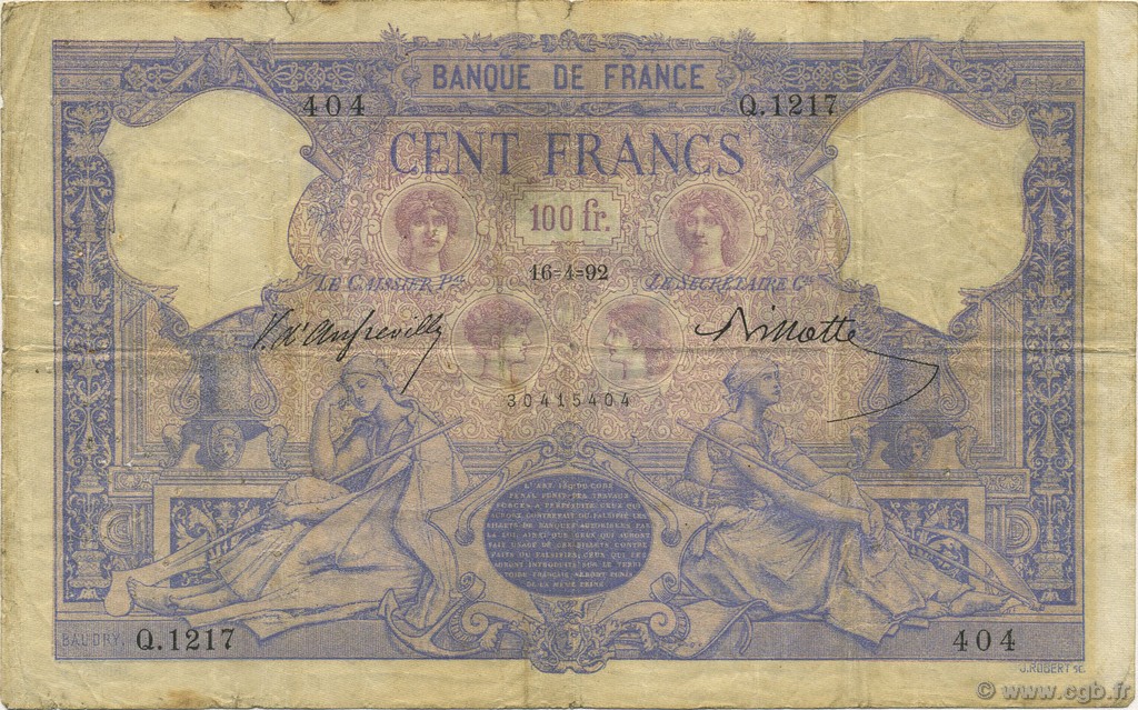100 Francs BLEU ET ROSE FRANKREICH  1892 F.21.05 S