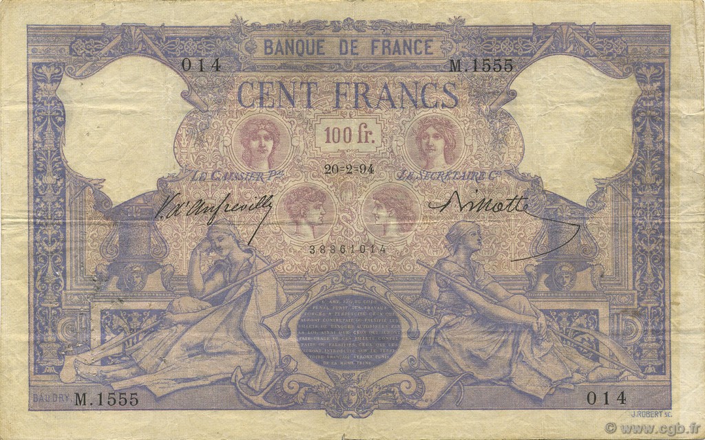 100 Francs BLEU ET ROSE FRANCIA  1894 F.21.07 q.BB