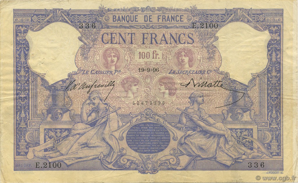 100 Francs BLEU ET ROSE FRANCE  1896 F.21.09 VF