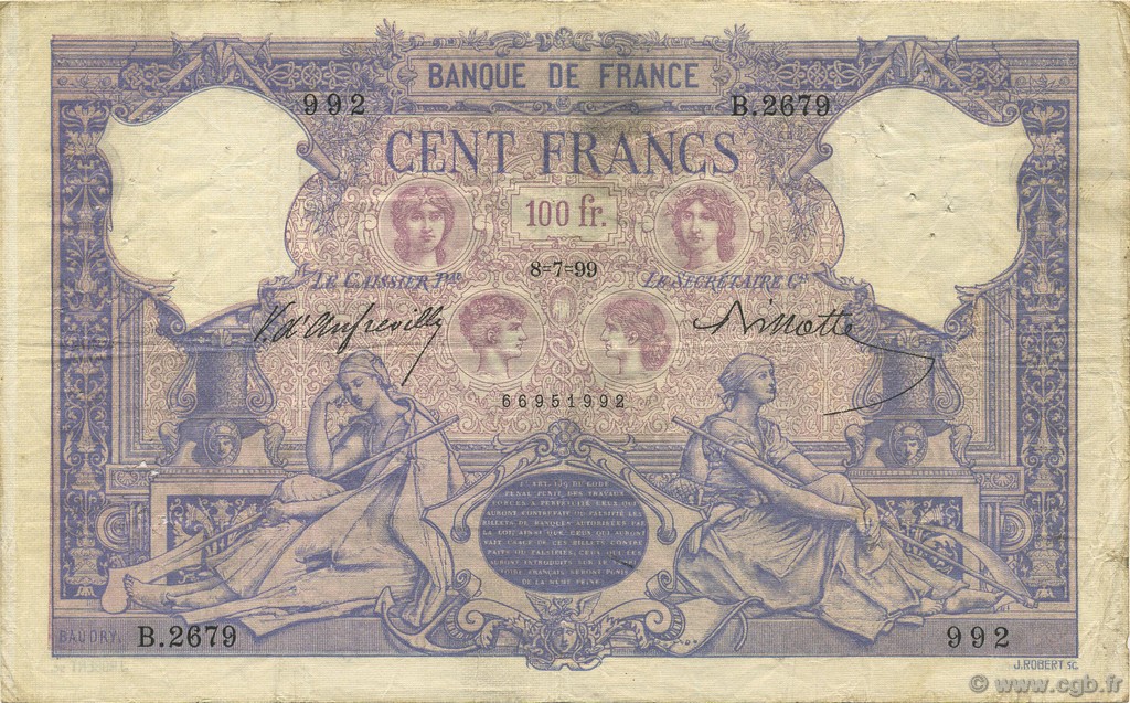 100 Francs BLEU ET ROSE FRANCE  1899 F.21.12 VF-