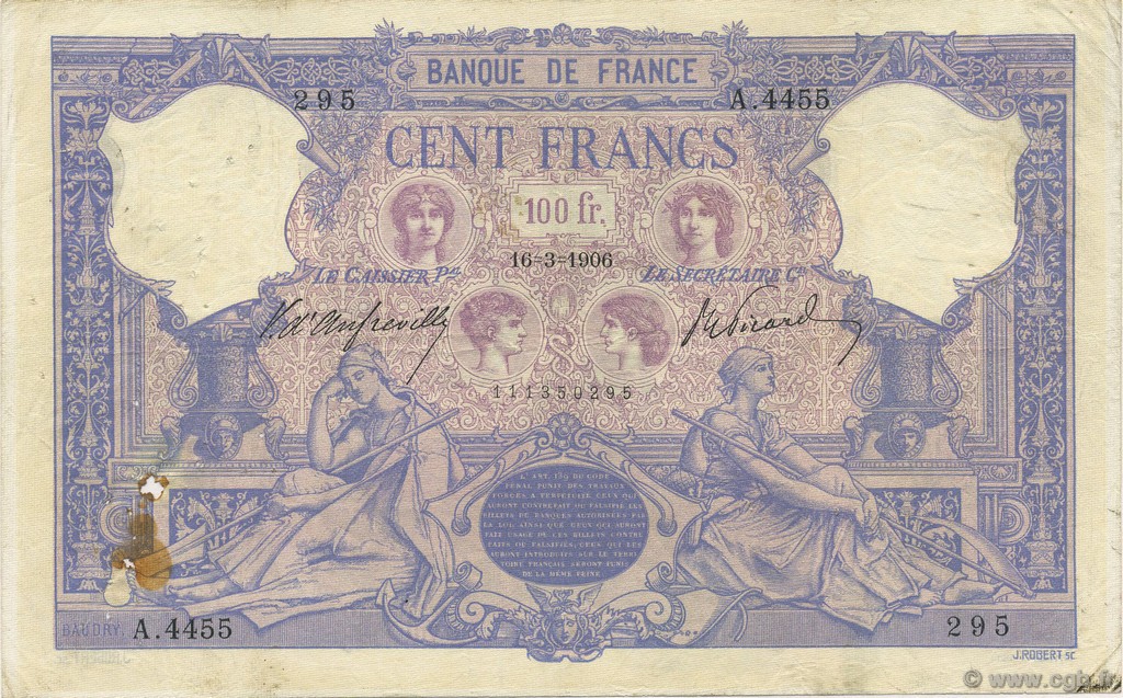 100 Francs BLEU ET ROSE FRANCE  1906 F.21.20 TB+