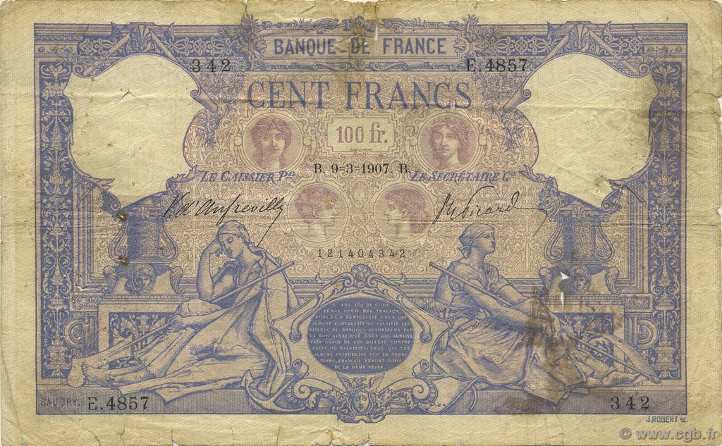 100 Francs BLEU ET ROSE FRANKREICH  1907 F.21.21 fS