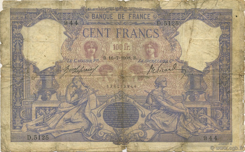 100 Francs BLEU ET ROSE FRANCIA  1908 F.21.23 q.MB