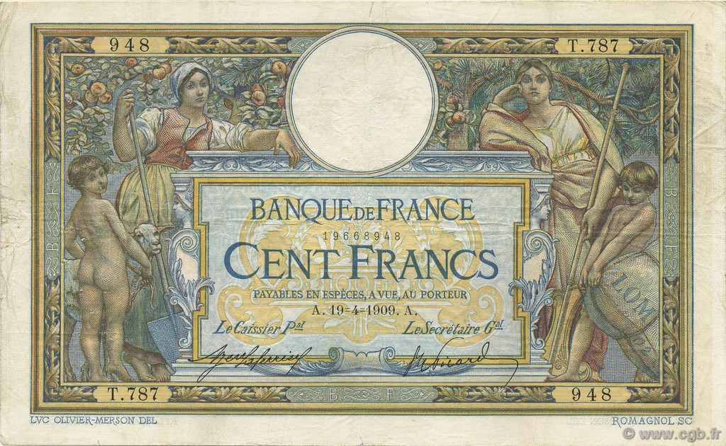 100 Francs LUC OLIVIER MERSON avec LOM FRANCIA  1909 F.22.02 MB a BB