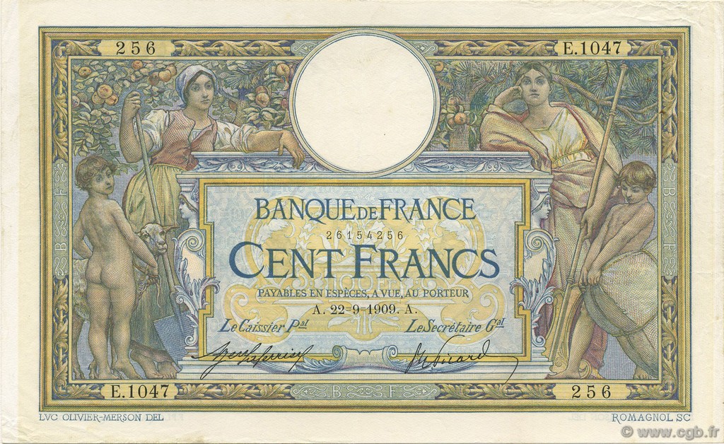 100 Francs LUC OLIVIER MERSON sans LOM FRANCE  1909 F.23.01 SUP