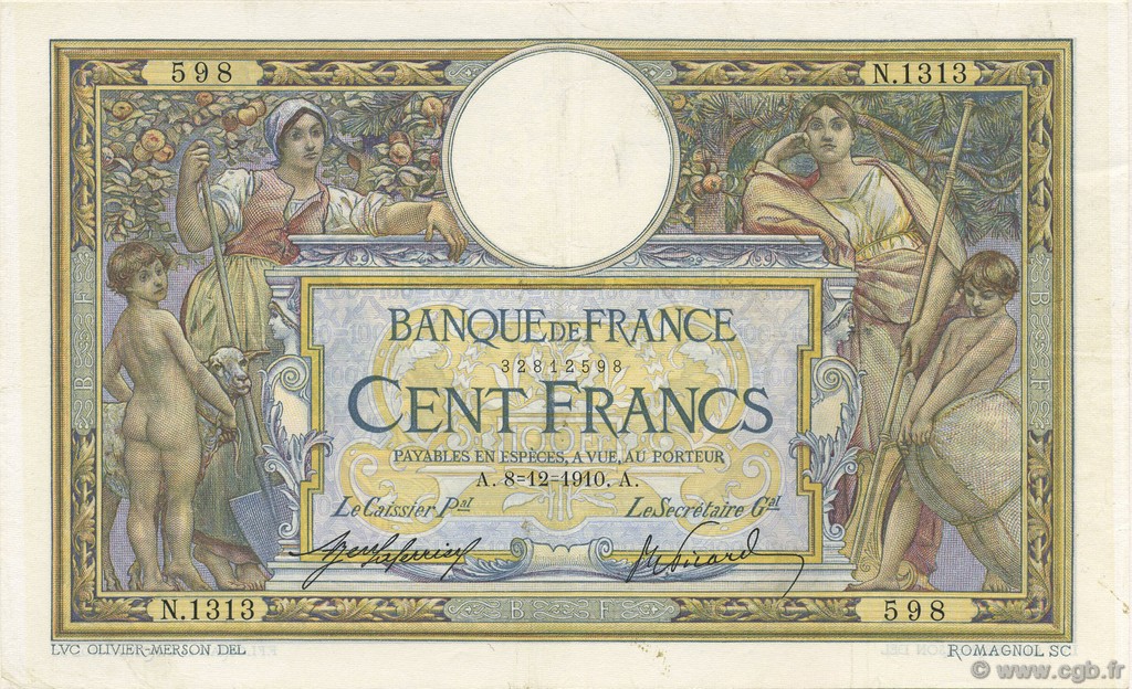 100 Francs LUC OLIVIER MERSON sans LOM FRANKREICH  1910 F.23.02 VZ