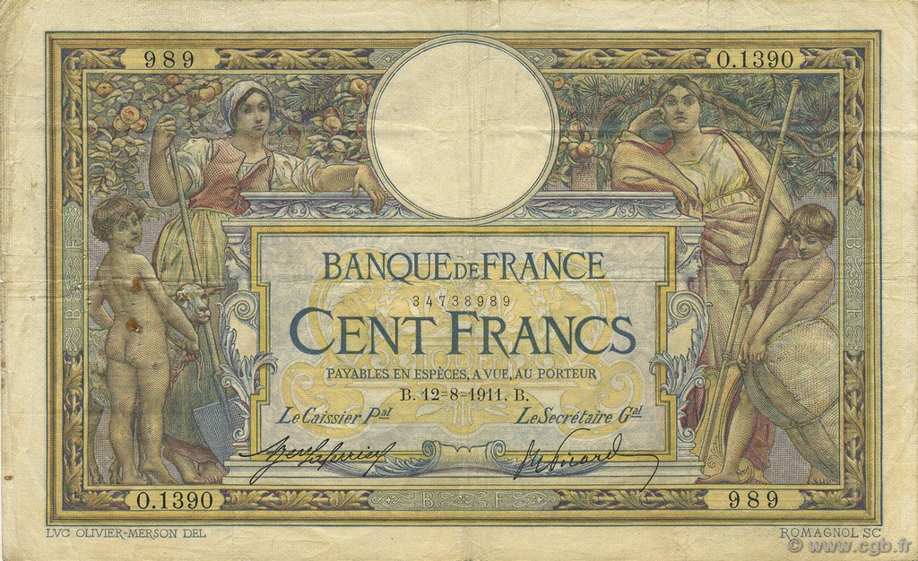 100 Francs LUC OLIVIER MERSON sans LOM FRANCE  1911 F.23.03 F