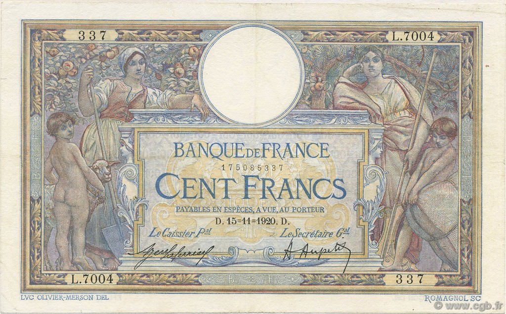 100 Francs LUC OLIVIER MERSON sans LOM FRANKREICH  1920 F.23.13 SS