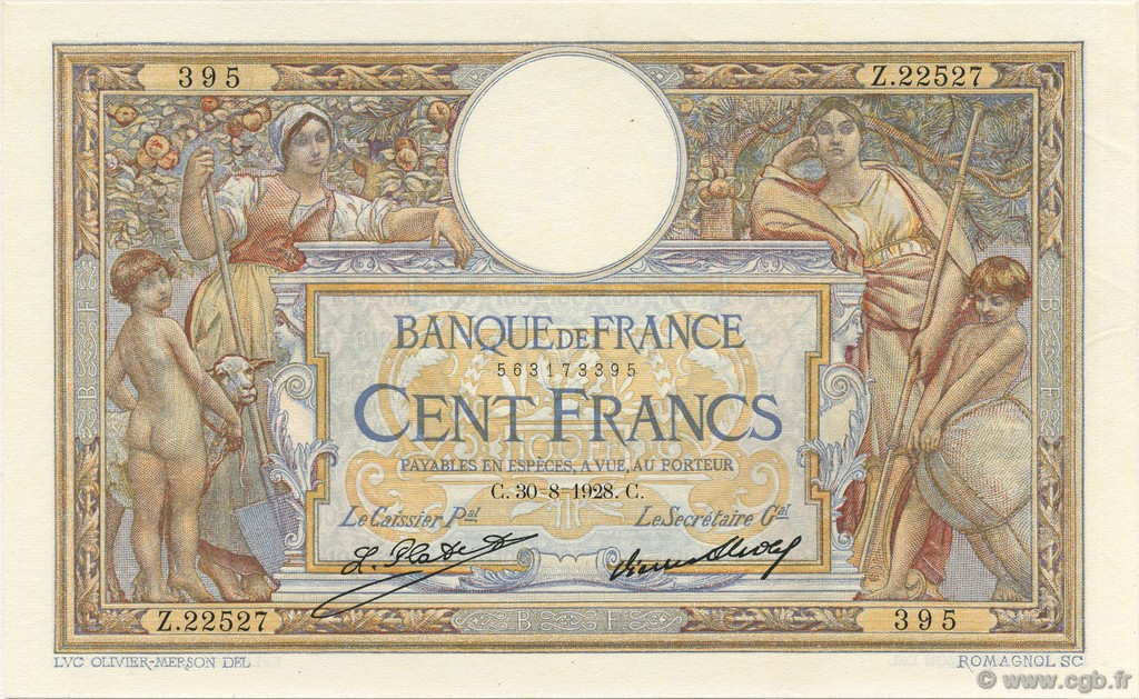 100 Francs LUC OLIVIER MERSON grands cartouches FRANKREICH  1928 F.24.07 fST+
