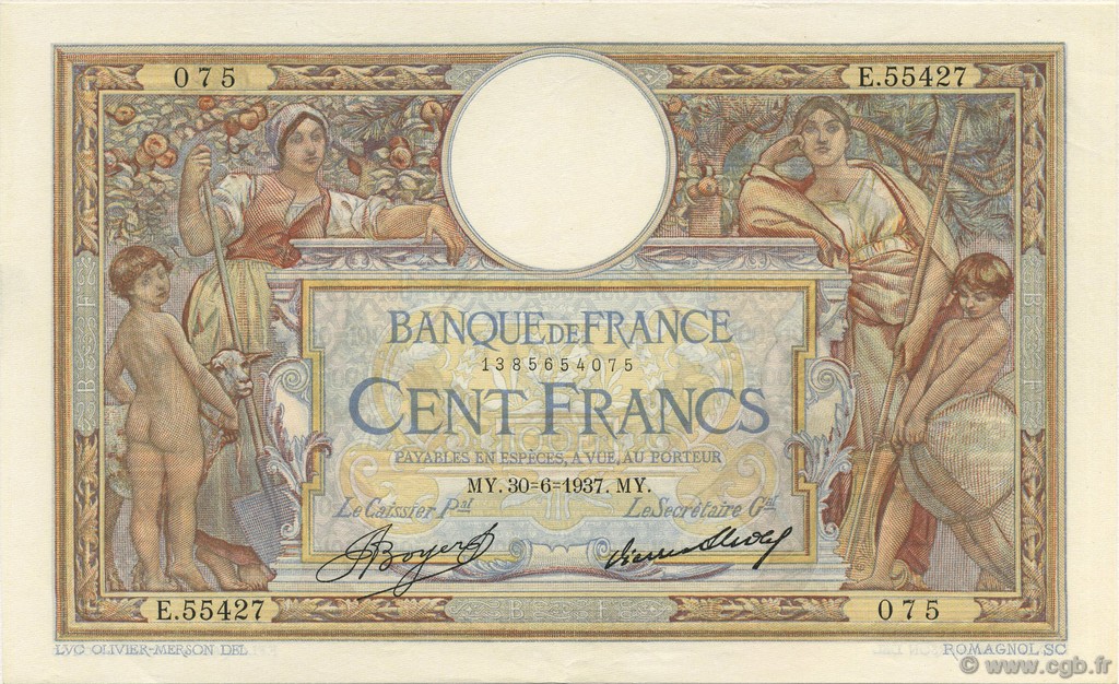 100 Francs LUC OLIVIER MERSON grands cartouches FRANKREICH  1937 F.24.16 fST