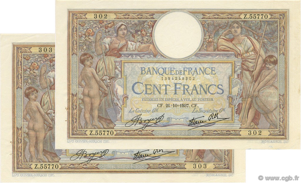 100 Francs LUC OLIVIER MERSON type modifié FRANCIA  1937 F.25.03 SPL+