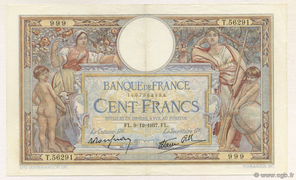 100 Francs LUC OLIVIER MERSON type modifié FRANCE  1937 F.25.05 XF+