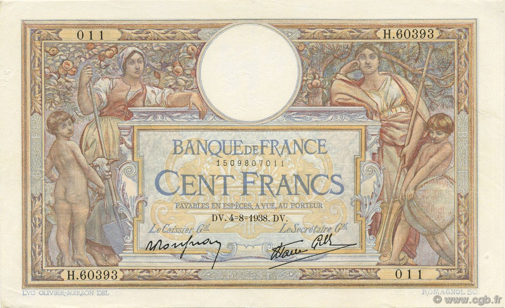 100 Francs LUC OLIVIER MERSON type modifié FRANCIA  1938 F.25.27 EBC+
