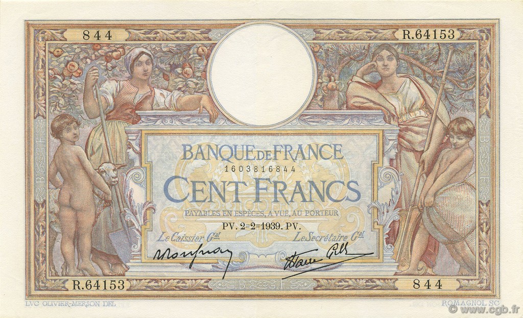 100 Francs LUC OLIVIER MERSON type modifié FRANCIA  1939 F.25.41 EBC+