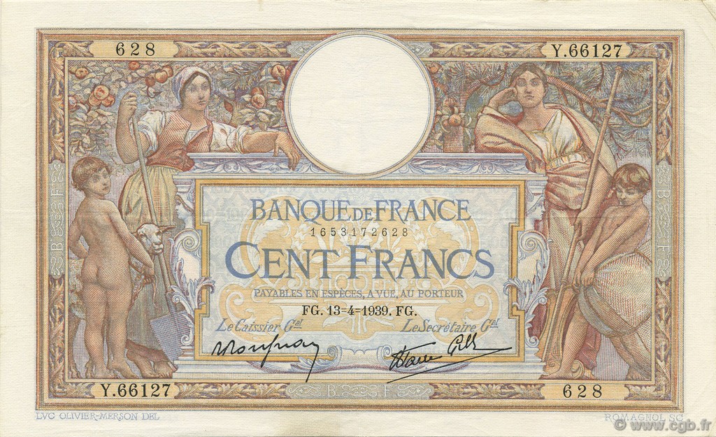 100 Francs LUC OLIVIER MERSON type modifié FRANCIA  1939 F.25.46 SPL