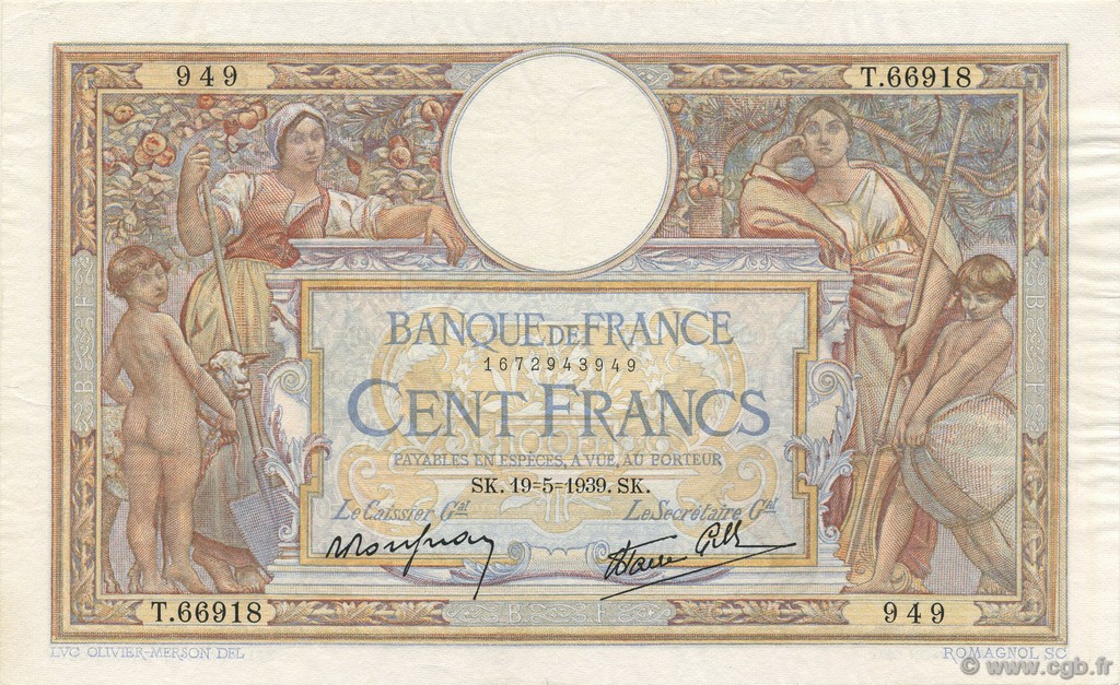 100 Francs LUC OLIVIER MERSON type modifié FRANCIA  1939 F.25.47 EBC