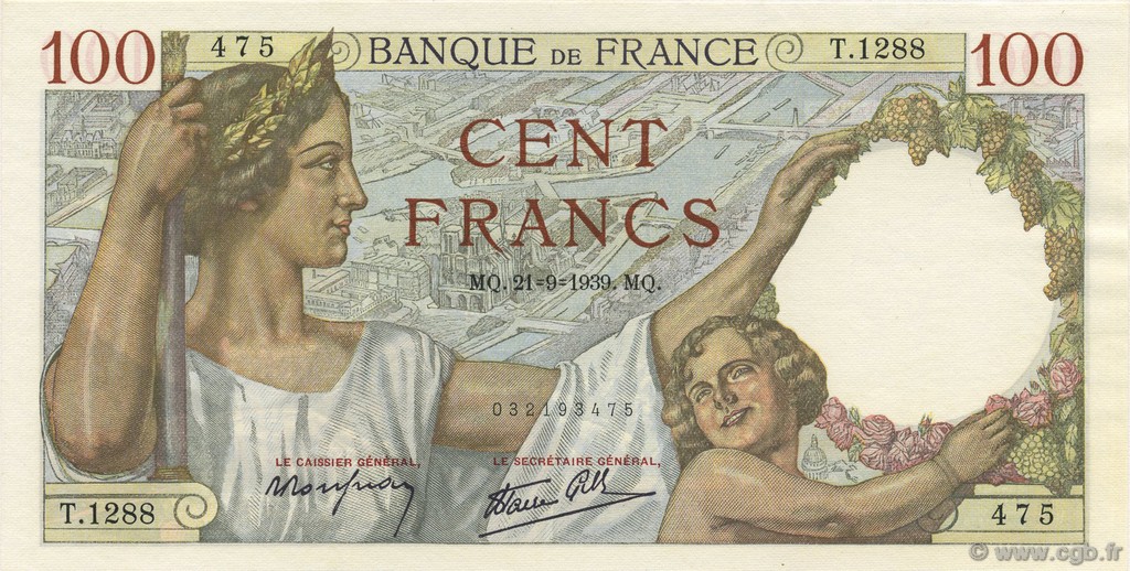 100 Francs SULLY FRANCE  1939 F.26.07 AU+