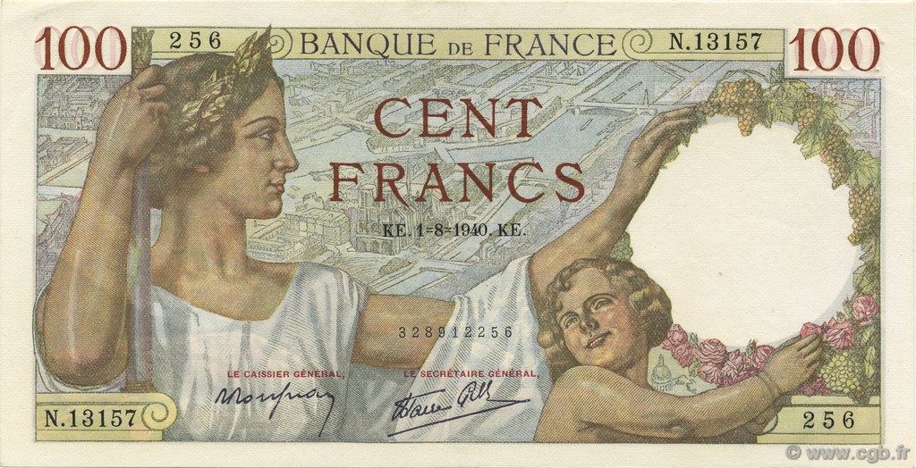 100 Francs SULLY FRANCE  1940 F.26.34 AU