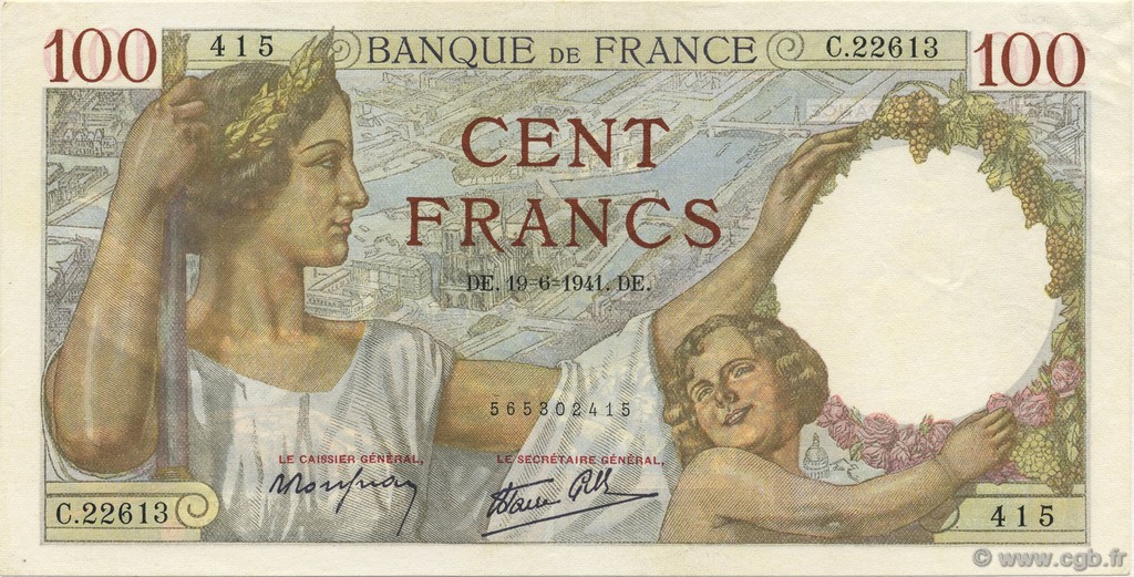 100 Francs SULLY FRANKREICH  1941 F.26.54 VZ to fST
