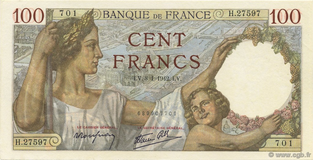 100 Francs SULLY FRANKREICH  1942 F.26.64 ST