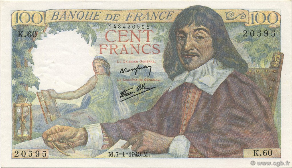 100 Francs DESCARTES FRANCIA  1943 F.27.03 SPL