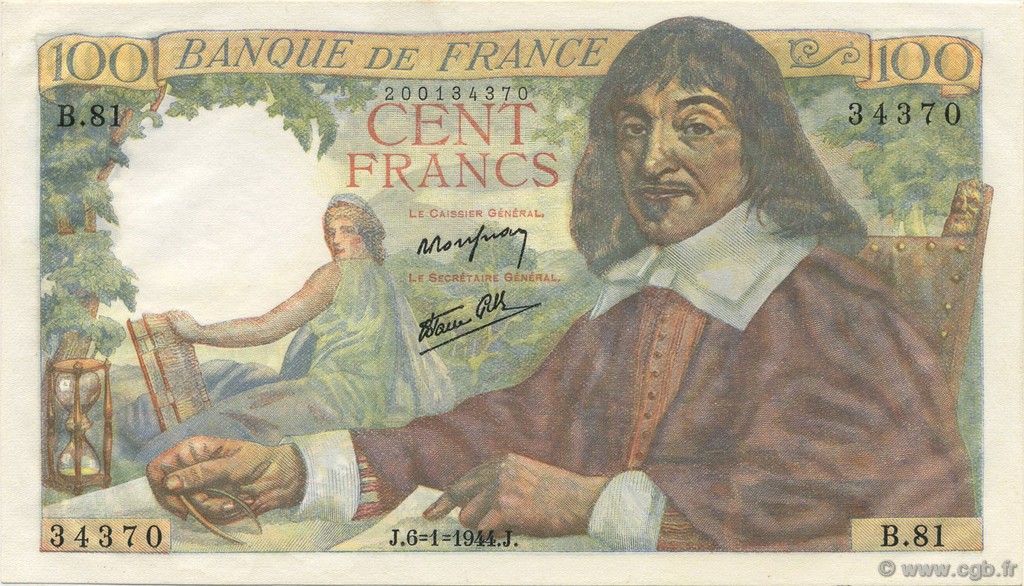 100 Francs DESCARTES FRANCE  1944 F.27.04 UNC-
