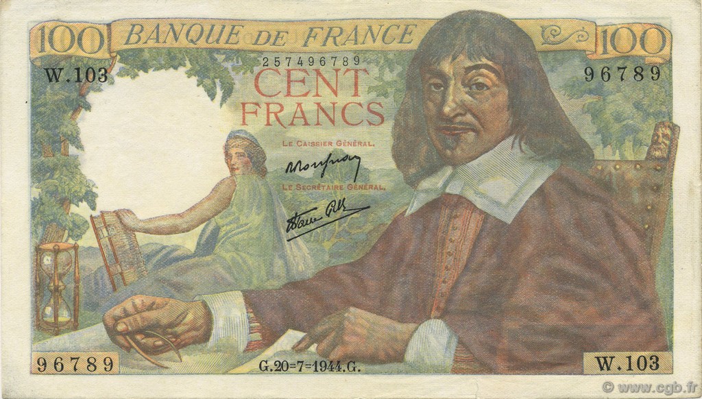 100 Francs DESCARTES FRANCIA  1944 F.27.06 AU