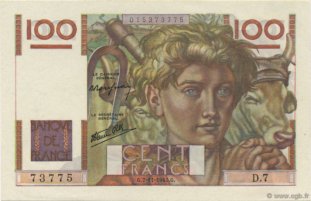 100 Francs JEUNE PAYSAN FRANCIA  1945 F.28.01 FDC