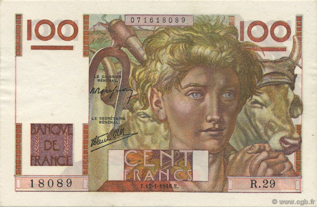 100 Francs JEUNE PAYSAN FRANCE  1946 F.28.02 AU