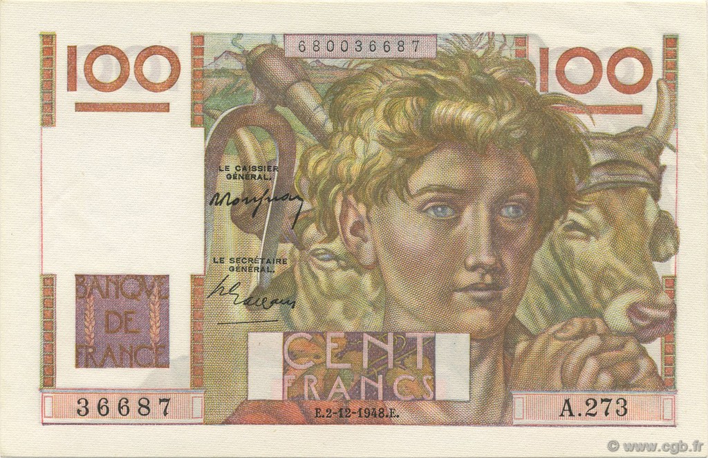 100 Francs JEUNE PAYSAN FRANCE  1948 F.28.20 UNC-