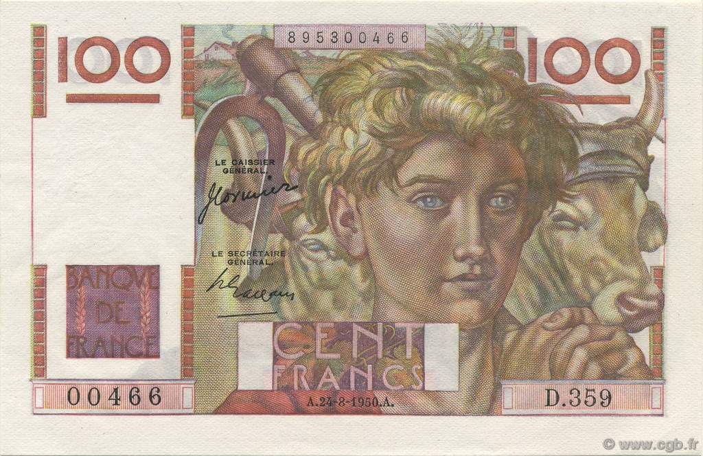 100 Francs JEUNE PAYSAN FRANKREICH  1950 F.28.26 fST+