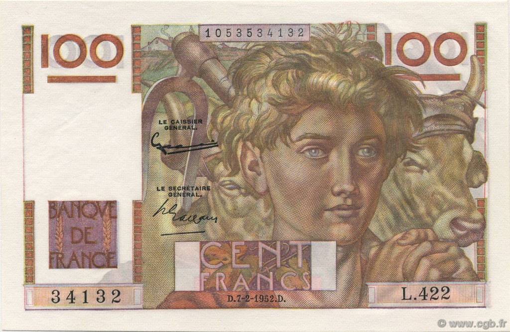 100 Francs JEUNE PAYSAN FRANCE  1952 F.28.31 UNC