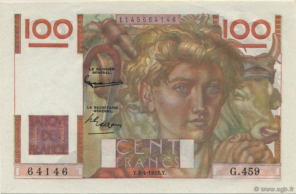 100 Francs JEUNE PAYSAN FRANCIA  1952 F.28.32 FDC