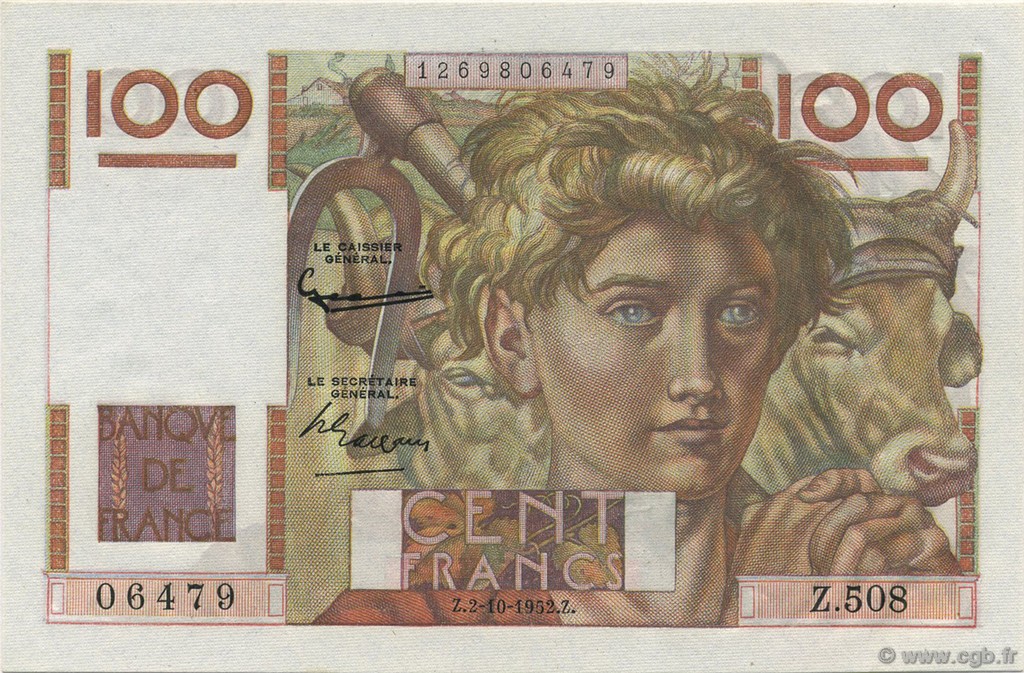 100 Francs JEUNE PAYSAN FRANKREICH  1952 F.28.34 ST