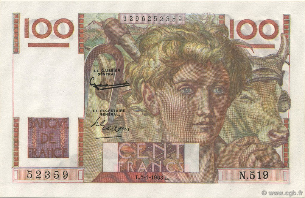 100 Francs JEUNE PAYSAN FRANCE  1953 F.28.35 UNC