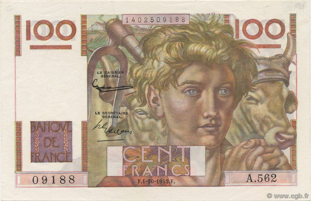 100 Francs JEUNE PAYSAN FRANCIA  1953 F.28.39 SC+