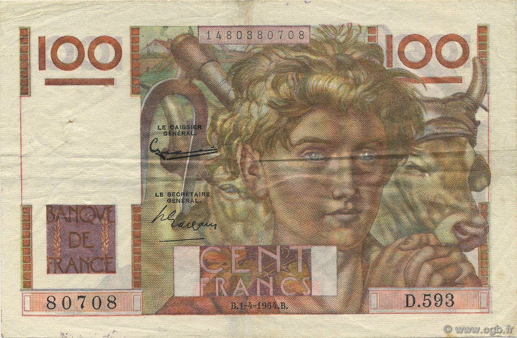 100 Francs JEUNE PAYSAN filigrane inversé FRANCIA  1954 F.28bis.06 MBC