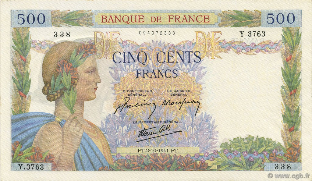 500 Francs LA PAIX FRANKREICH  1941 F.32.22 VZ+