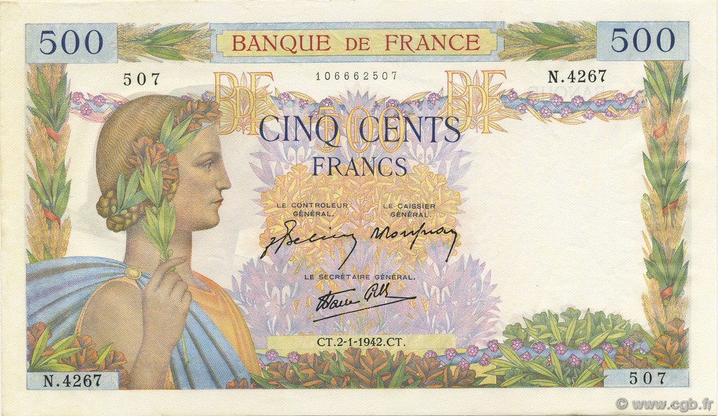 500 Francs LA PAIX FRANKREICH  1941 F.32.26 fST