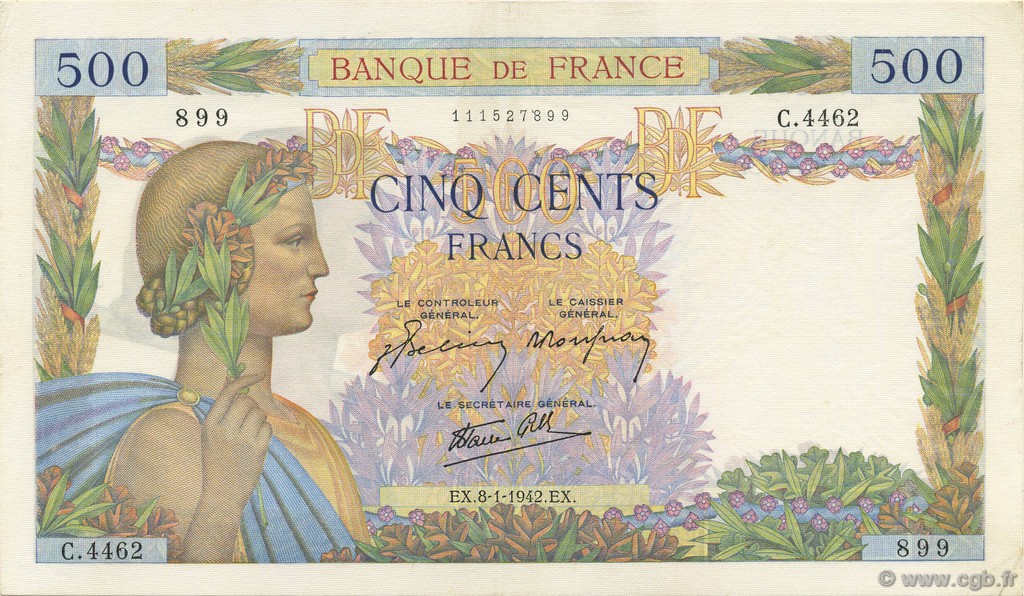 500 Francs LA PAIX FRANCIA  1942 F.32.27 EBC+