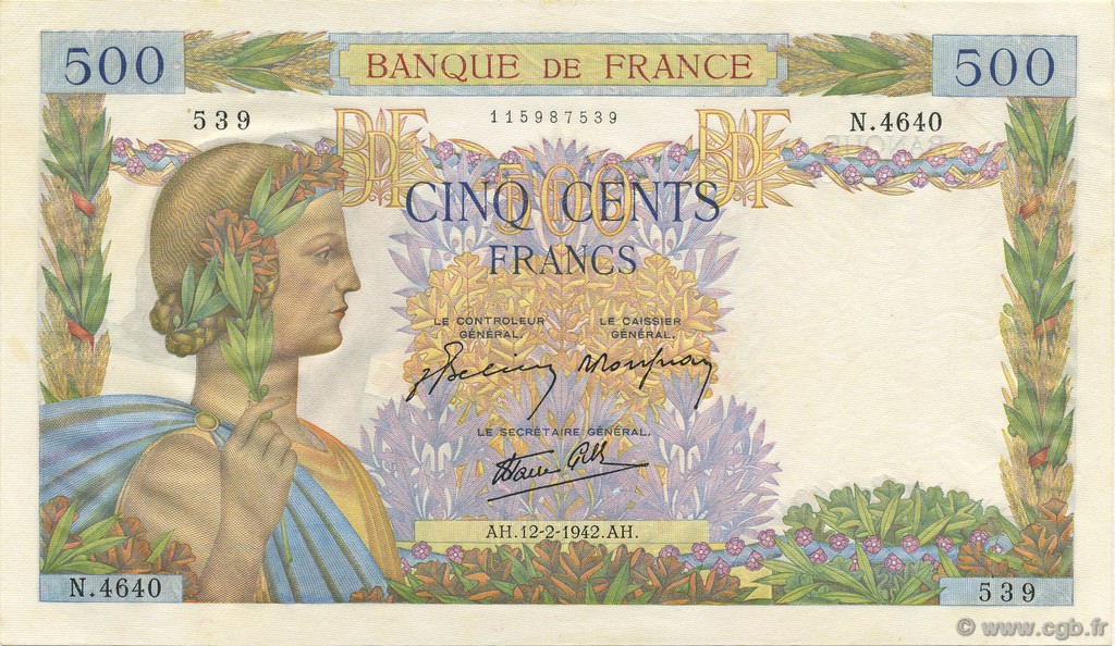 500 Francs LA PAIX FRANCE  1942 F.32.29 UNC-