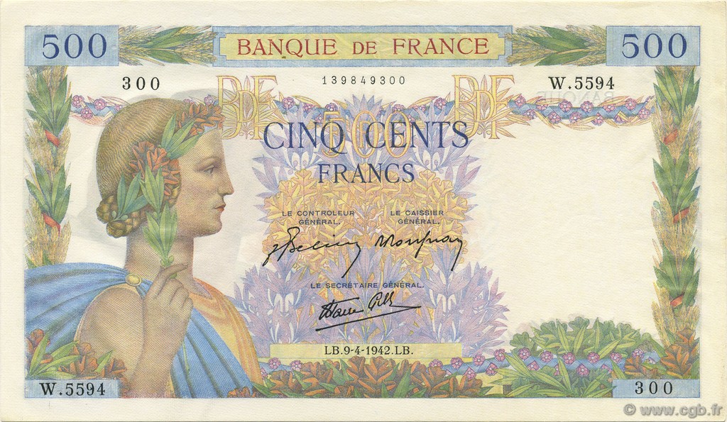 500 Francs LA PAIX FRANCIA  1942 F.32.34 q.FDC