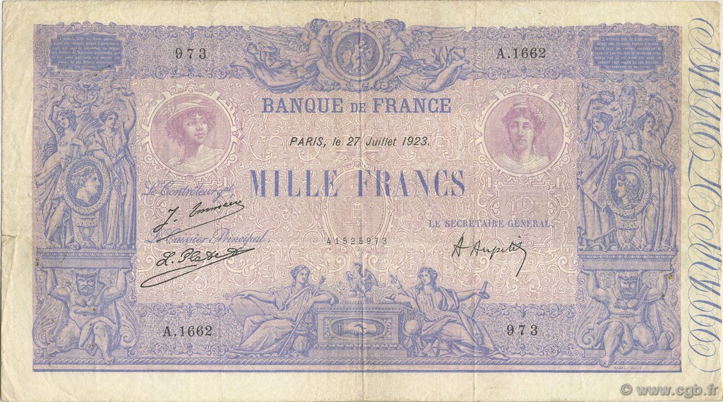 1000 Francs BLEU ET ROSE FRANCIA  1923 F.36.39 BC a MBC