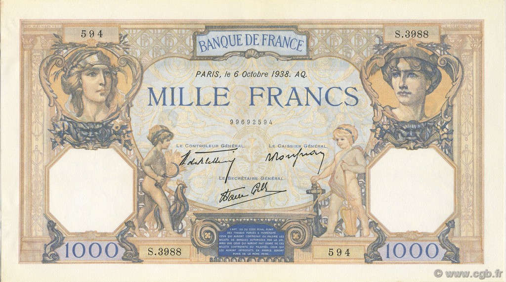 1000 Francs CÉRÈS ET MERCURE type modifié FRANCE  1938 F.38.28 AU+